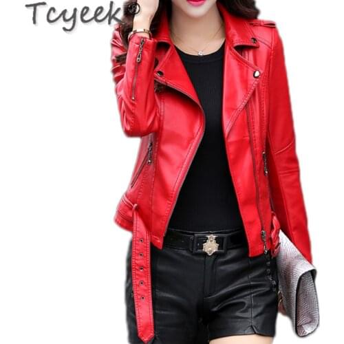 Tcyeek 2020 Womens Winter Autumn Clothing Brand Fashion Slim Pink Red Black Faux Leather Jackets Shorts Women Jacket WJF0009