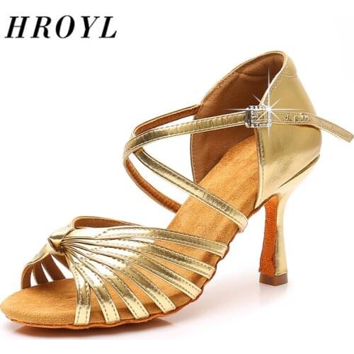 HROYL Rhinestone buckle women Latin dance shoes for ladies Tango ballroom salsa satin soft dance shoes high heels 6/7.5/8cm sexy