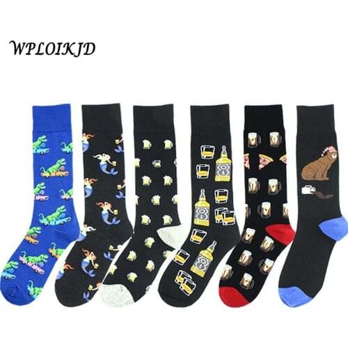 [WPLOIKJD]1 Pair Cotton Funny Novelty Men Socks Beer Bear Pizza Pattern Cartoon Socks Men Calcetines Hombre Divertido Skarpetki