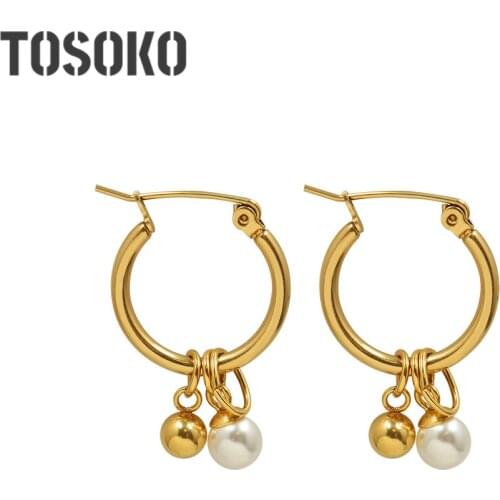 TOSOKO Stainless Steel Jewelry Pearl Small Golden Ball Pendant Earrings Round Earrings Womens Exquisite Small Earrings BSF490
