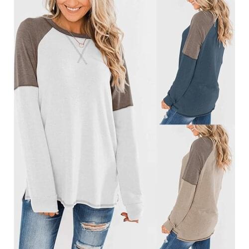 Vintage T Shirt Women New t-shirts women Fashion Long Sleeve Round Neck Casual Splicing Loose Cotton T-shirt Blouse Female Top