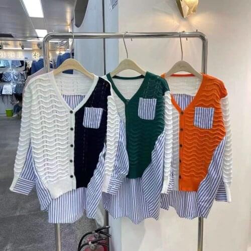 Womens Autumn Striped Shirt Patchwork Knitted Sweaters Sexy V-Neck Large Size Cardigan Coats Single-Breasted Irregular Knitwear