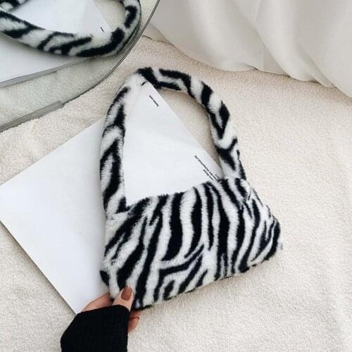 Winter Vintage Zebra Pattern Shoulder Underarm Bag Female Plush Autumn Handbag Soft Warm Fur Tote Purse for Lady Bag Sac A Main