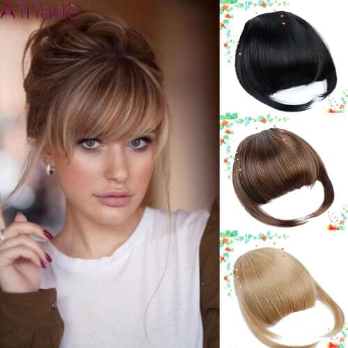 AILIADE Heat Resistant Fiber Synthetic Hair Neat Front False Fringe Thin Blunt Clip In Bangs Piece for Women Clip on Bangs Blunt