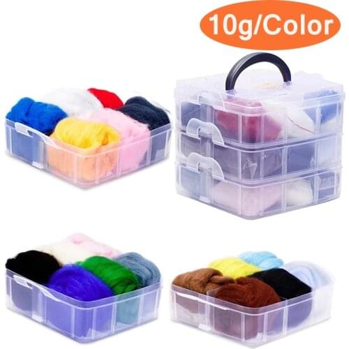 KAOBUY 18 Colors Needle Felting Wool Soft Roving Wool Fibre With Plastic Storage Box For Needle DIY Felting Craft