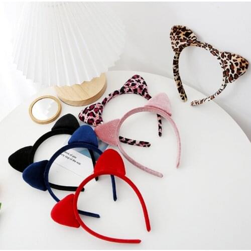Short Plush Leopard Grain Headband Cute Kitten Animal Ears Velvet Hair Hoop Festival Party Cosplay Hair Accessories