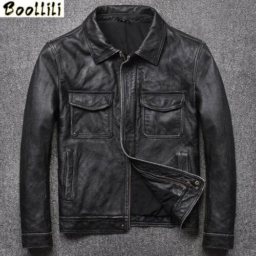 Boollili Leather Jacket Genuine Cow Leather Locomotive Cowhide Leather Jackets Vintage Motorcycle Erkek Deri Mont