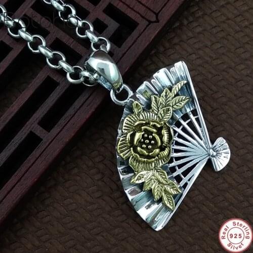 100% S925 Sterling Silver colour Inlaid Ethnic Peony Fan Pendant women and men 925 Thai silver colour Pendant No necklace