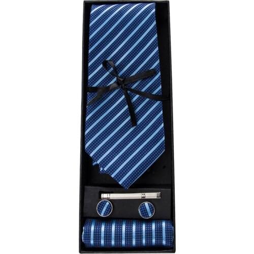 GB-337 Barry.Wang Mens Tie Blue Striped Jacquard Woven Silk Necktie Hanky Cufflinks Set For Business Wedding Party With Gift Box