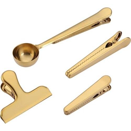 Premium Stainless Steel Gold Measuring Scoop Set With Bag Clip Coffee Scoop Set
