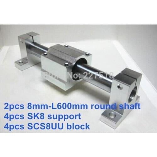 8mm linear set: 2pcs 8mm - 600mm linear round shaft +4pcs SK8 shaft support+4pcs SCS8UU linear bearing block