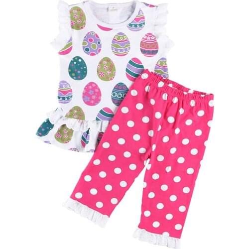 Kaiya Angel Wholesale New Arrival Colorful Eggs Printed Sleeveless Skirt Top + Dot Ruffle Pants Toddler Baby Girls Outfits
