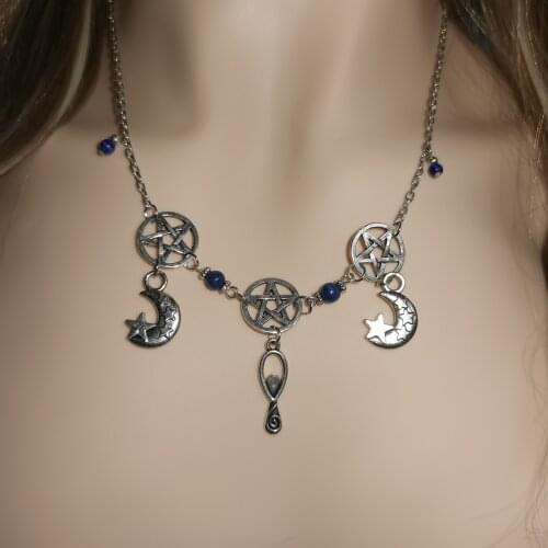 Moon Goddess Necklace Lapis Lazuli Necklace Pentagram Necklace Wiccan Gaia Necklace Pagan Pentacle Necklace