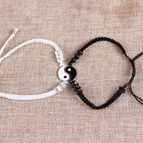 Couple Bracelets Hematite Leather Cord Braid Bracelet Chinese Yin Yang Tai Chi Alloy Pendant Two-piece Woven Lover Bracelet Gift