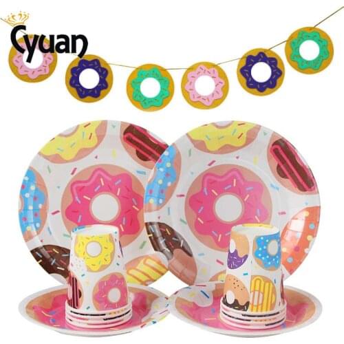 Donut Party Disposable Tableware Set Paper Dessert Cups Plates Napkin Banner Baby Shower Kids Birthday Party Decoration Supplies