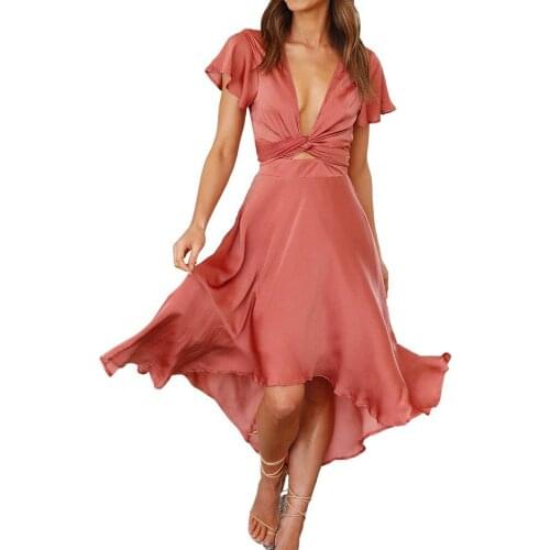 Sexy Women Deep V-neck Satin Midi Dress Summer Bandage Bow Decor Solid Color Casual Slim High Waist Red Party Irregular Vestidos