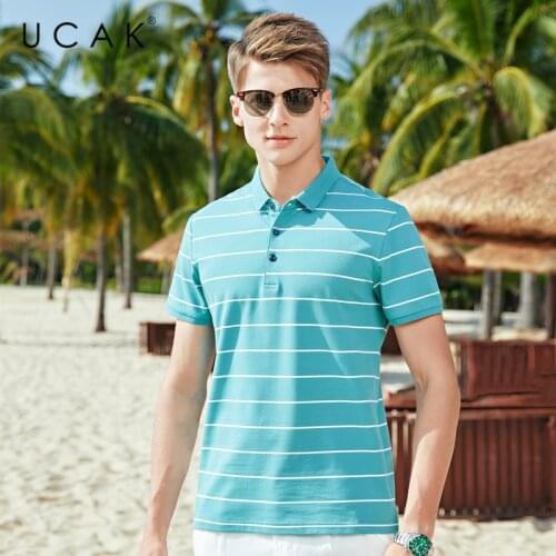 UCAK Brand Classic Turn-down Collar Striped T-Shirt Men Clothes Summer New Fashion Style Streetwear Casual Cotton Tee Tops U5592