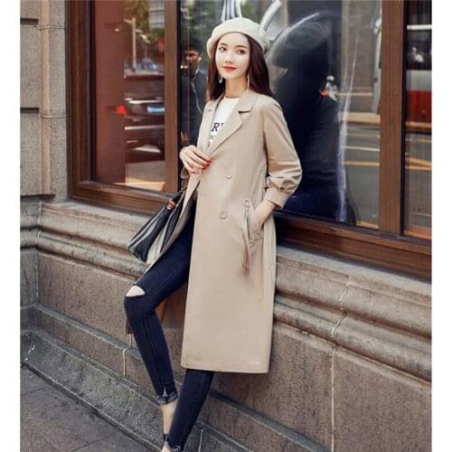 Windbreaker Women Mid-Length 2021Spring Autumn New Double-Breasted Jacket Over-The-Knee Large Size Temperament Female Coat A49