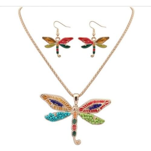 Vintage New Woman Dragonfly Jewelry Set Personality Multicolor Bird Necklace Pendant and Earring Fashion Jewelry