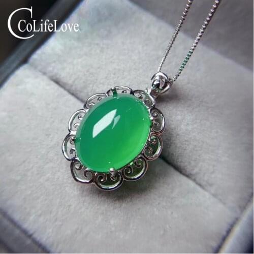 CoLife Jewelry Natural Green Chalcedony Pendant for Daily Wear 925 Silver Chalcedony Pendant Classic Silver Gemstone Pendant