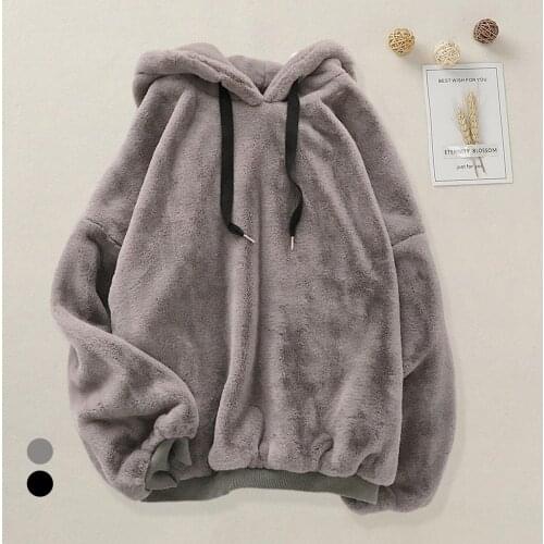 Women Autumn Winter Solid Color Warm Hooded Sweatshirt Fleece Plush Thick Pullover Hoodie Tops