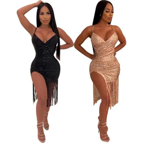 Women Fashion Solid Sequin Sexy V-neck Mini Dress Strap Splice Tassels Party Fancy Dresses New Women Shining Evening short Dress