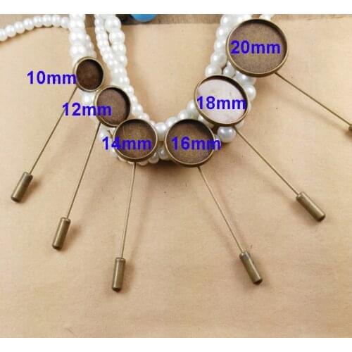 60sets Fit 10/12/14/16/18mm metal round blank setting base long brooch lapel pin diy 50mm long stick pin safty lapel pin brooch