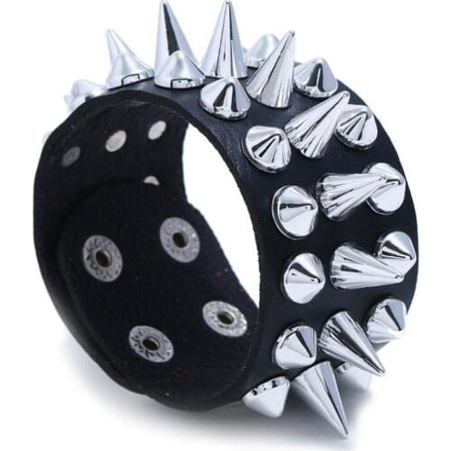 Punk Gothic Rock Spikes Rivet Cuff Bracelet Wide Leather Alloy Cone Stud Charm Bangle Wristbands Men Women Biker Fashion Jewelry