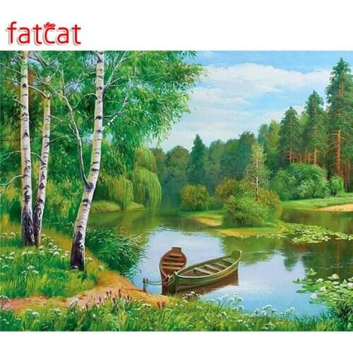 FATCAT Diamond Painting Spring Landscape Pattern 5D DIY Full Drill Diamond Embroidery lake tree boat Rhinestone mosaic Art AE349