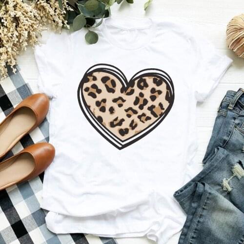 Sexy Leopard Flower Pattern Top Tshirts Red Heart-Printed Women T-shirt Harajuku Streetwear Casual Ladies Tops Female T-shirt