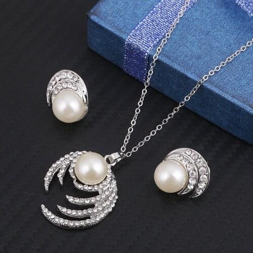 Classic womens wedding jewelry set gold color fine necklace earrings accessory gift 2019 new simulated Pearl Jewelry