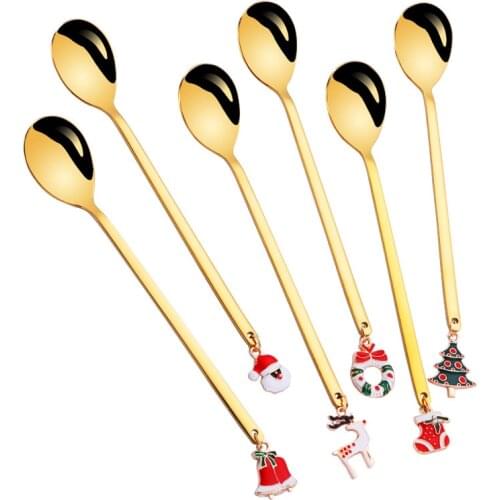 Creative Stainless Steel Spoon Gold Coffee Spoon Stirring Spoon Christmas Spoon Hot Long Handle Christmas Party Decorate