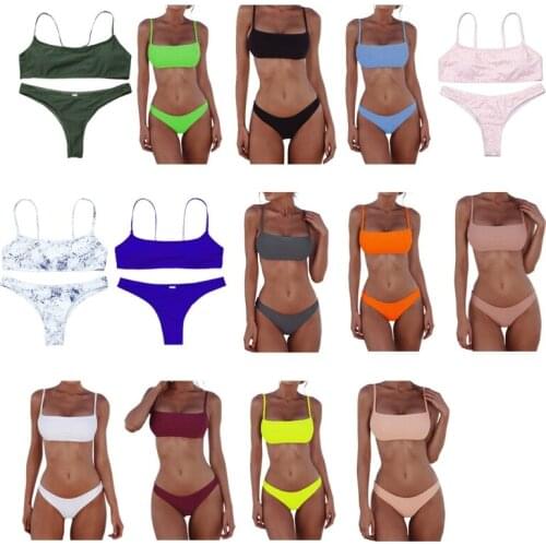 MXLD Women Sexy Push Up Bra Low Waist Thongs Solid Color Bikini Set Triangle Swimsuit