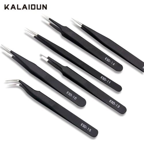 KALAIDUN 6pcs ESD Tweezers Curved Straight Tip Forceps Precision Tweezers Set Electronics Industrial Phone Repair Hand Tools