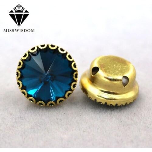 New arrival Peacock Blue Round glass crystal sew on rhinestones gold base lacy claw rhinestone strass Diy clothing accessories