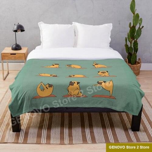 Pug Yoga Throw Blanket Soft Sleeping Sherpa Backing Kids Girls Boys for Christmas Gift on Bed Sofa Cartoon Blanket