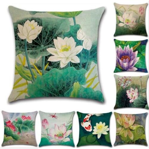 Retro Chinese Lotus Floral Throw Pillow Case Soft Back Cushion Gifts Single Sides Printing Cushion Case Home