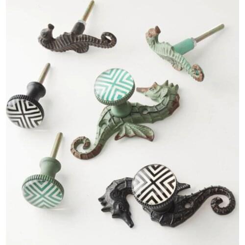 Mediterranean Style Drawer Handle European Retro Large Wardrobe Door Wrought Iron Handle and Knob Zinc Alloy Sea Horse Knob