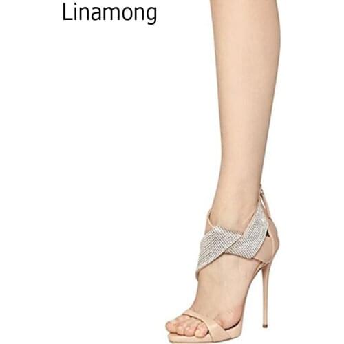 Sexy Women Crystal Decor Crossed Strappy Sandals Ladies Cut Out Stiletto High Heels Summer Rhinestones Back Zip Party Sandals