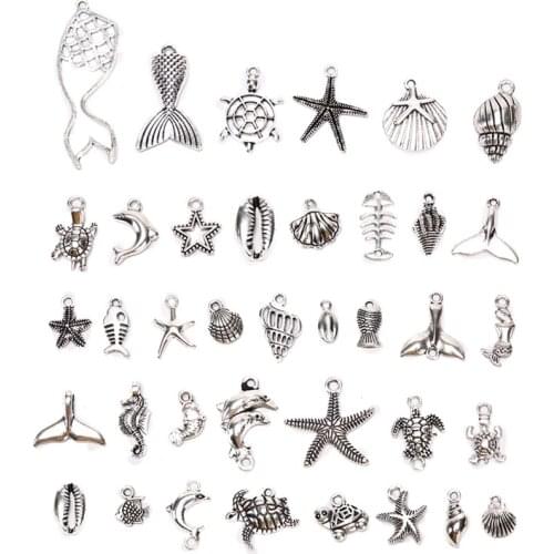 40Pcs/Set Mixed Vintage Sea Animal Charms Seahorse Shell Starfishes Pendant DIY Craft Jewelry Findings For Women Men