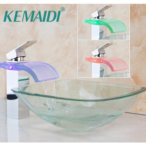 KEMAIDI Bathroom Sink Washbasin Modern LED Chrome Faucet Square Bathroom Basin Faucet +Pop Up Drain +Glass Lavatory Basin Set