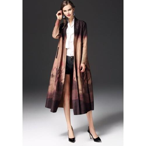 2017 women long Suede trench coat with belt autumn Windbreaker Slim printed long coat clothes cardigan