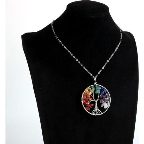Yogo 7 Chakra Tree of Life Pendant Necklace Men Women Silver O Chain 18" Choker Necklace Boho Chip Gravel Natural Stone Jewelry