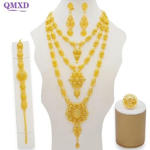 African Party Jewelry Sets Dubai women Big Necklace Nigeria Wedding Bride Accessory Bricelet Earrings