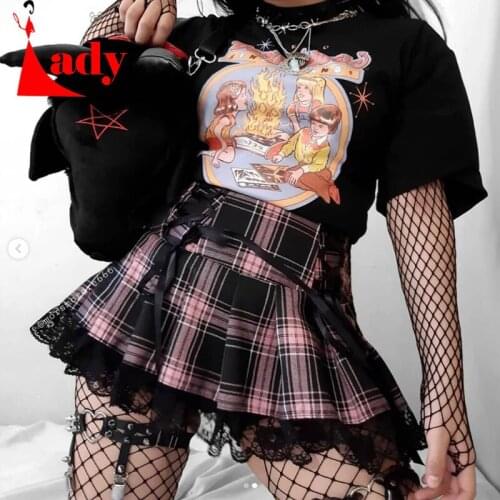 Y2K skirts womens Stripe black pink Pleated Skirts Tank Cute Sweet Girls School skirt Plaid lace up Mini goth gloves Skirt lace