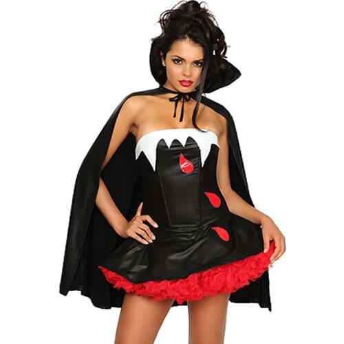 Women Halloween Vampire Movie Cosplay Set Women Sexy Costumes Ball Gown Mini and Cloak Fancy PU Wet Look Cosplay Show Wear