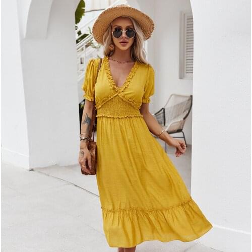 DUISNENA boho dress sexy deep v-neck yellow solid color ruffled women dresses lantern sleeves fairy pastoral robe vestidos
