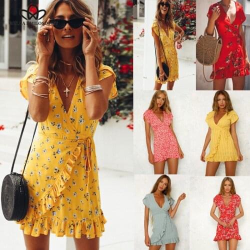 Bella Philosophy 2019 summer women sexy wrap dress floral sashes decorative beach dress V Neck yellow female print dress