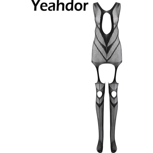 Women Sexy See-through Bodysuit Stretchy Keyhole Bodystocking Hollow Out Mesh Sleeveless Crotchless Jumpsuit Female Nightwear