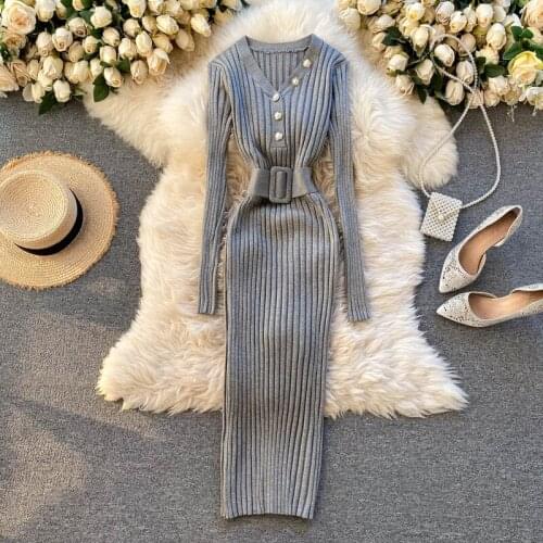 Autumn Winter Women Knitted Dress V-Neck Sweater Dresses Lady Bodycon Long Sleeve Bottoming Dress Vestidos